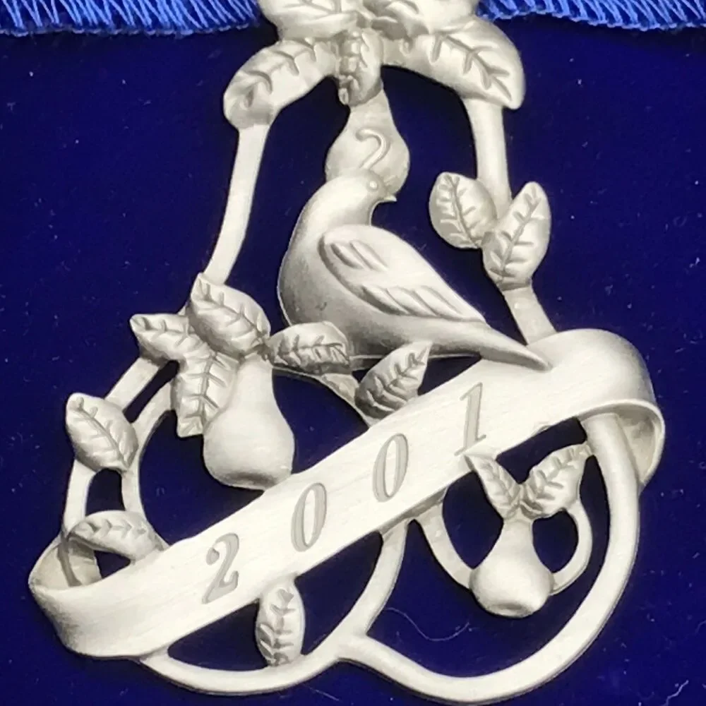 AVON Silver Blue Partridge Pear Tree Ornament 2001 Commemorative Collectible